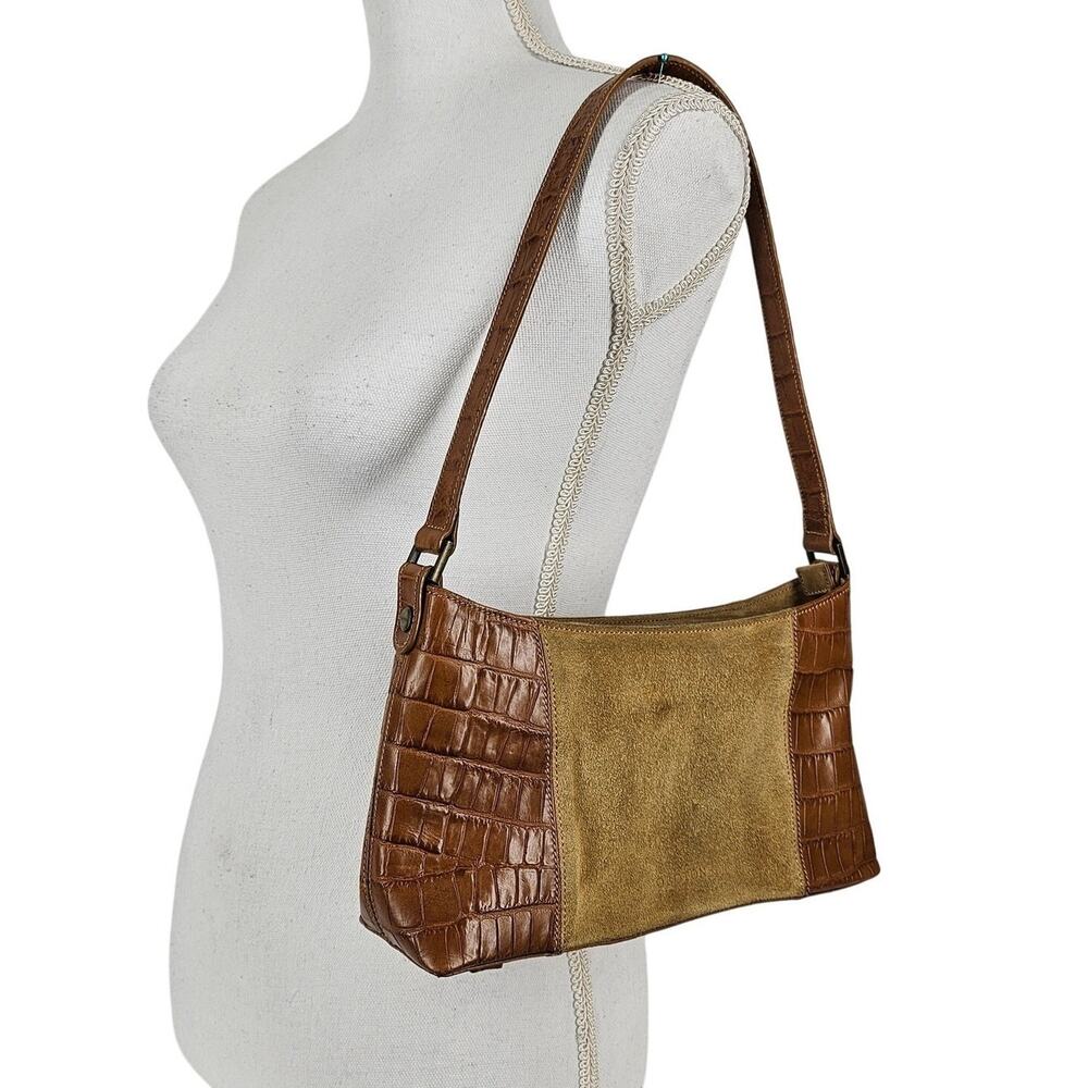 OROTON VINTAGE BROWN LEATHER & SUEDE SHOULDER PURSE – CROC EMBOSSED TRIM – BOHO